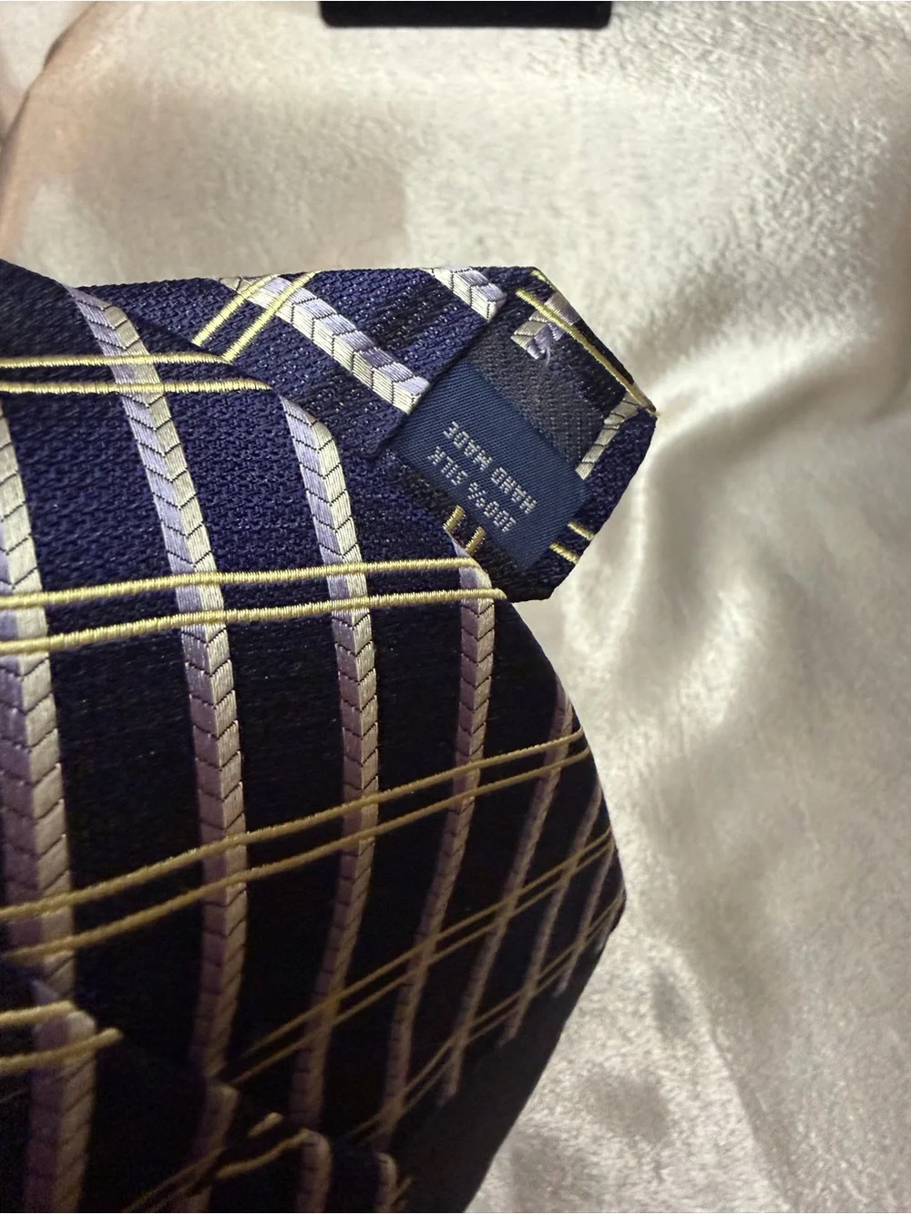 Navy Plaid Decorative Scarf Tie with Cream Floral Accents